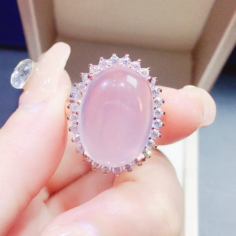 Женское кольцо из настоящего розового кварца серебряное с драгоценным камнем 11