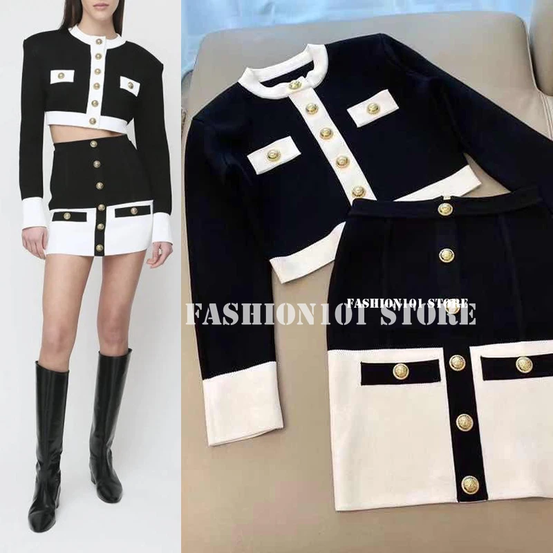 

the best version 2022 branded two piece outfits for Women spring Slim Fit Single Breasted Metal Buckle crop top + mini Skirt