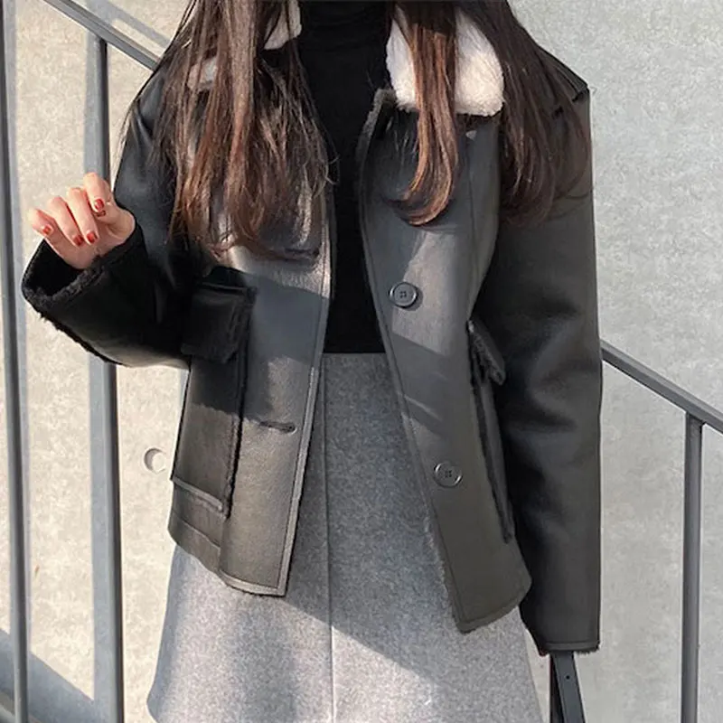 Clothland Women Thick Black PU Leather Jacket Pockets Long Sleeve Single Breasted Autumn Winter Chic Coat Tops CA467