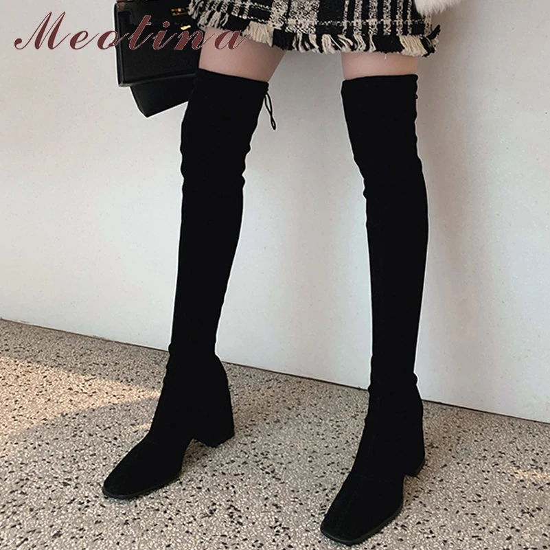 

Meotina Women Thigh High Stretch Boots Round Toe Chunky High Heel Ladies Fashion Long Boot Autumn Winter Shoes Black Khaki