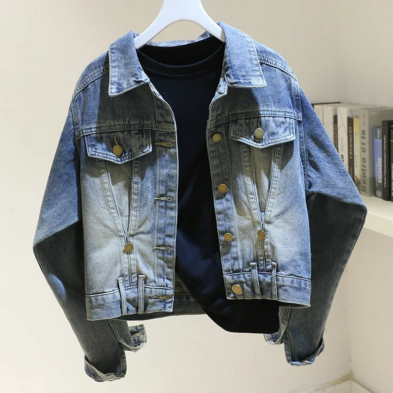 

Spring Autumn Vintage Dark Blue Denim Jacket Coat Women Loose Short Student Cowboy Outerwear Long Sleeve Jeans Jackets Female