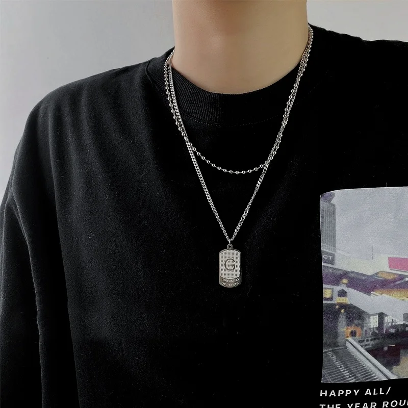 

VSnow Vintage Titanium Steel Double Layer Letter Square Pendant Necklace for Women Fashion Round Beads Party Necklace Jewelry