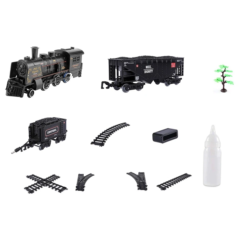 

Home Train Set Electric Metal Alloy Train Toy Smokes Lights Sound Steam Locomotive Engine Cargo Cars Tracks