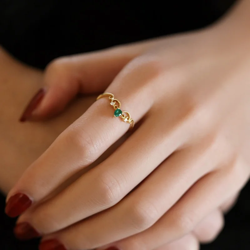 Princess Holiday 8K Golden Emerald Open Ring Women Retro Elegant Design Temperament Light Luxury
