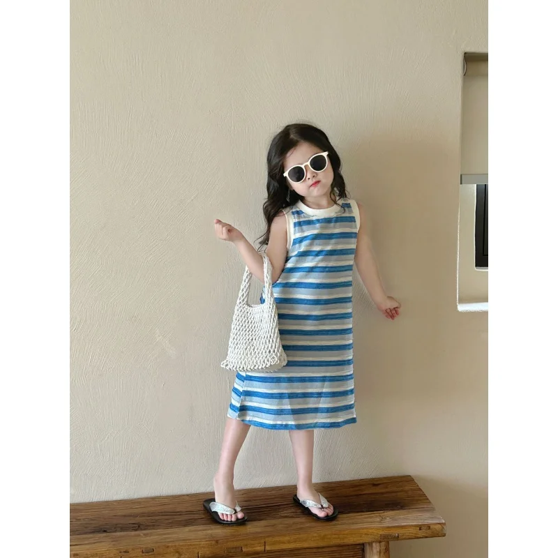 Летнее платье для девочек новинка детское платье-жилет в синюю полоску длинное
