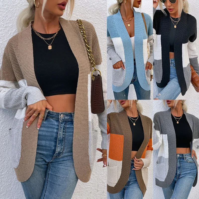 

Women's contrast color knitted cardigan autumn winter curved large pocket V-neck Korean sweater coat loose casual cardigan
