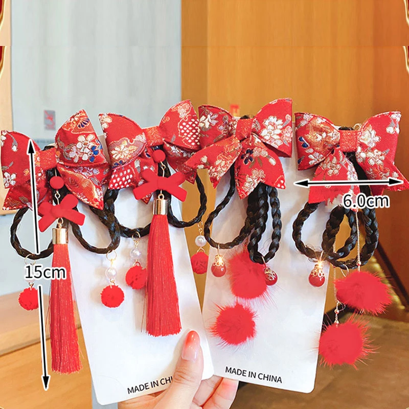 

Chinese Style Vintage Girl Hairpin Princess Long Tassels Headband Kids Red Traditional Flower Headwear New Year Hair Accessories