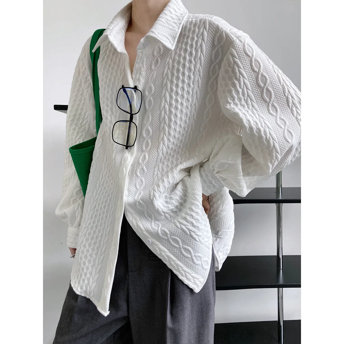 

Lazy style textured embossed shirt women's autumn new loose silhouette lapel shirt jacket