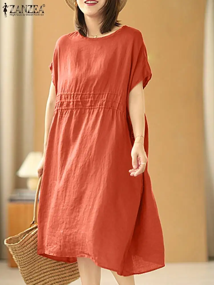 

Платье ZANZEA женское летнее с коротким рукавом, винтажный свободный сарафан средней длины из хлопка и льна, яркое праздничное, большие размеры, 2023