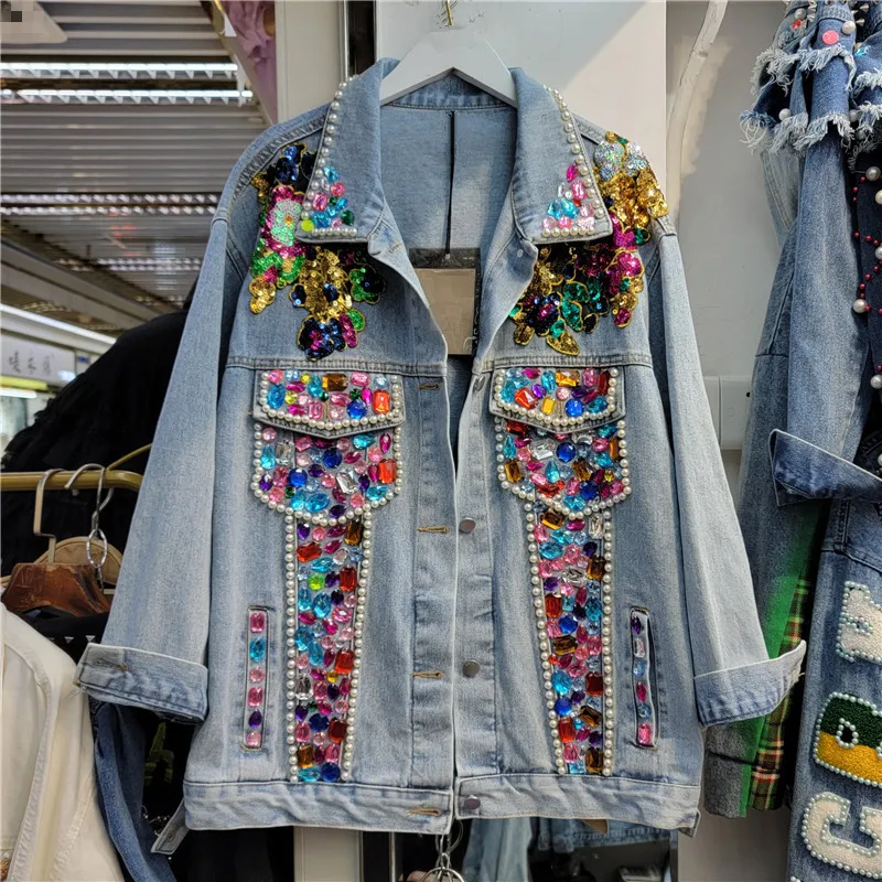 

2023 Autumn Fashion Beaded Diamond Sequin Flower Jeans Jacket Pearl Lapel Loose Casual Long Sleeve Denim Coat Casaco Feminino