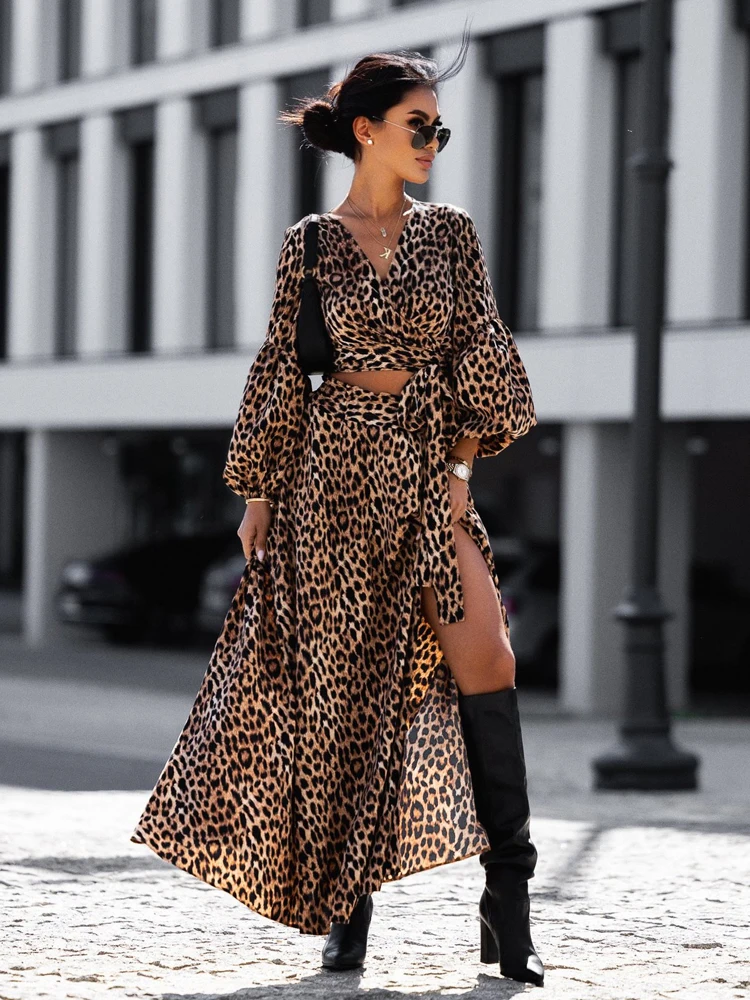 

Sexy Leopard 2 Piece Set Spring 2023 Women Long sleeve Crop Top High Split Long Skirts 2 Piece Set 2 Ways To Wear Dress A2174