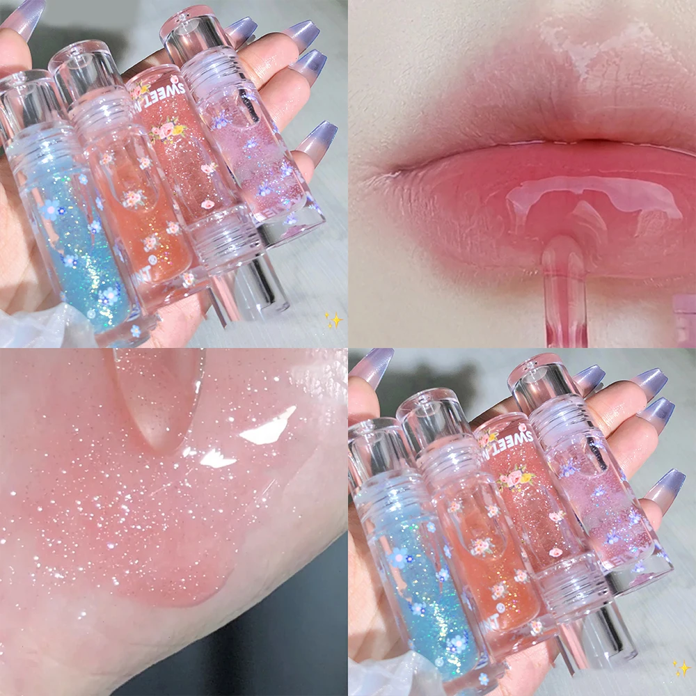 Flowers Crystal Lip Oil Water Light Shiny Lip Gloss Toot Lips Moisturizing Fine Flashing Clear Jelly Lip glaze Liquid Lipstick