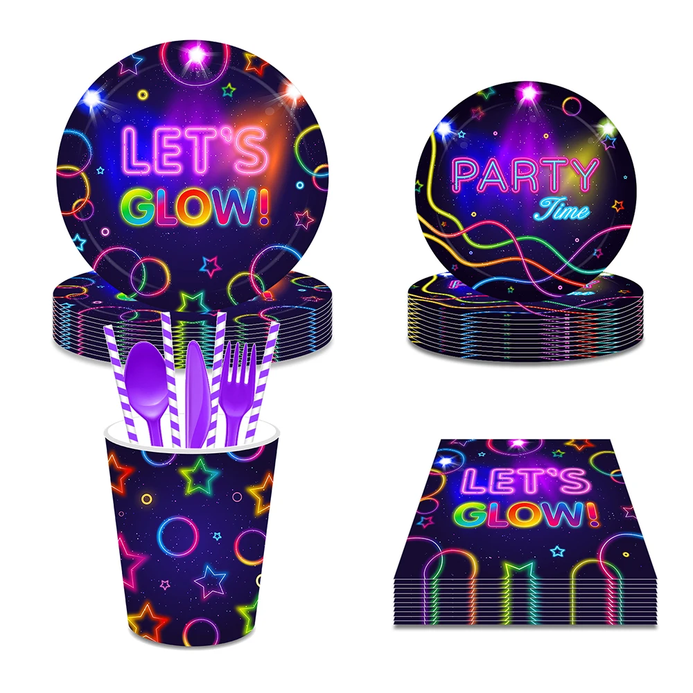 

Glow Disco Music Light Show Party Disposable Tableware Sets Paper Plates Cups Napkins 90'S Pub Musical Birthday Party Decoration