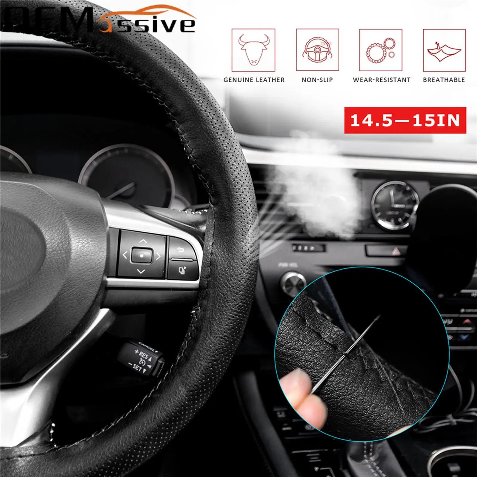 

15" Cowhide Leather DIY Steering Wheel Anti Slip Cover with Needle Thread Breathable Inner Styling For Golf MK4 Civic Megane 3