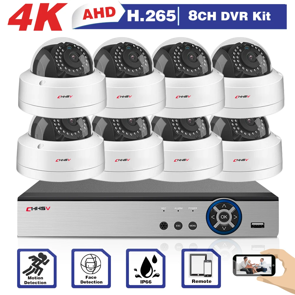 

CHHSV 8CH 4K Security AHD Camera System 6IN1 H.265+ DVR With 4/8PCS 5MP 8MP Dome IP66 Surveillance CCTV Kit