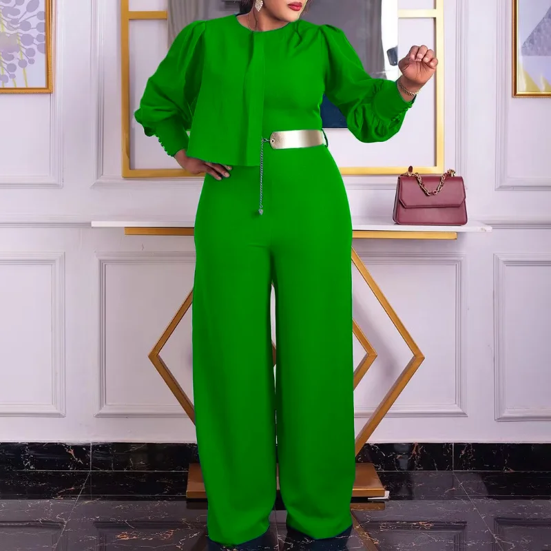 Elegant Women Wide Leg One Piece Jumpsuit Long Sleeve Chic Metal Belt Straight Pants Overalls Rompers Casual Party Office Work