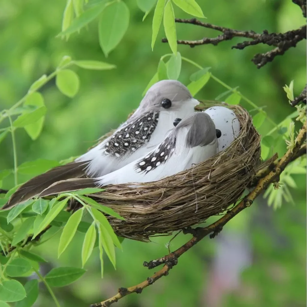 

Set Artificial Feathered Birds & Nest & Egg Creative Craft Birds Sculpture Lawn Arts Ornaments Home Garden Lawn Decorati