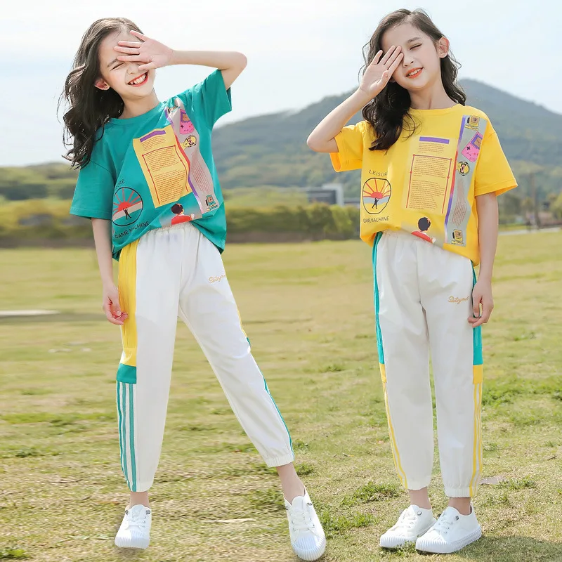 

Girls Summer Short Sleeve Shirts+Full Length Pants 2pcs Sets Girls Teen Sports Suits 4 6 8 10 12 Year Kids Clothes Girl Ropa
