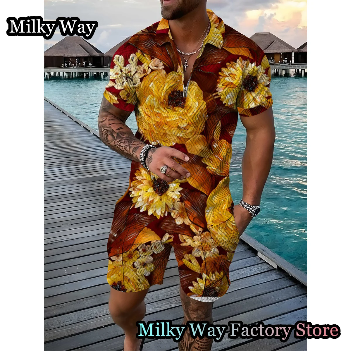 New Summer Men's Vintage Polo Shirt Set 2 Pieces Floral Printing Tracksuit Male Trun Down Collar Outfit Casual Hawaii Clothing
