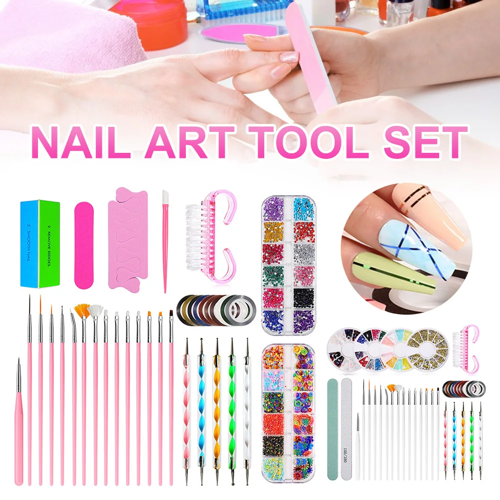 

10Pcs/Set Acrylic Nail Tool Kit Nail Brush Pen Dotting Pen Striping Tape Nail File Rhinestones Decoration Manicure Tool Set