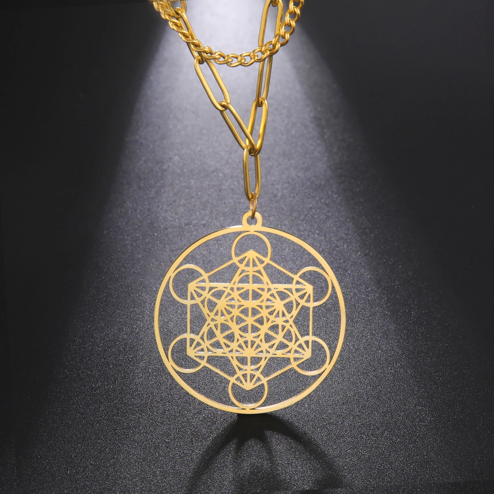 LIKGREAT Metatron Cube Double Layer Necklace Stainless Steel Sacred Geometry Powerful Symbol Kabbala Amulet Christmas Jewelry