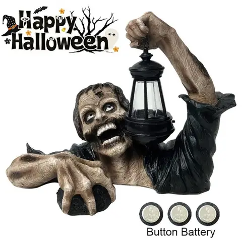 Страшная наружная ужасная статуя зомби, страшная атмосфера, Хэллоуин, зомби фонарь, страшный зомби, страшный загадочный Декор