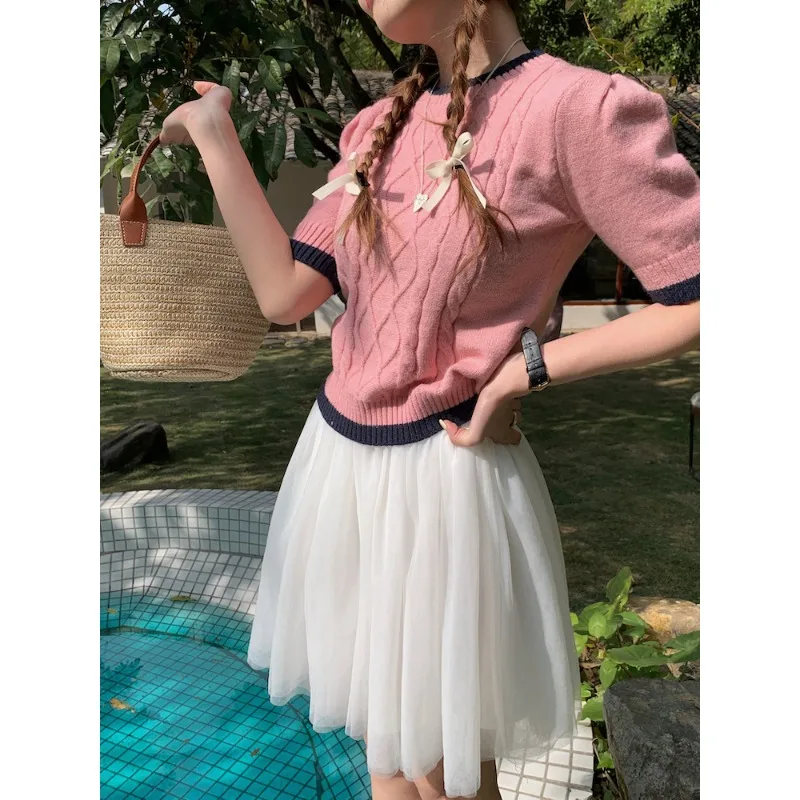 

Korobov Twist Puff Sleeve Knitted Y2k Tops Age-reducing Temperament Gauze Half Skirt Short Sleeve T Shirts Fashion Ropa De Mujer