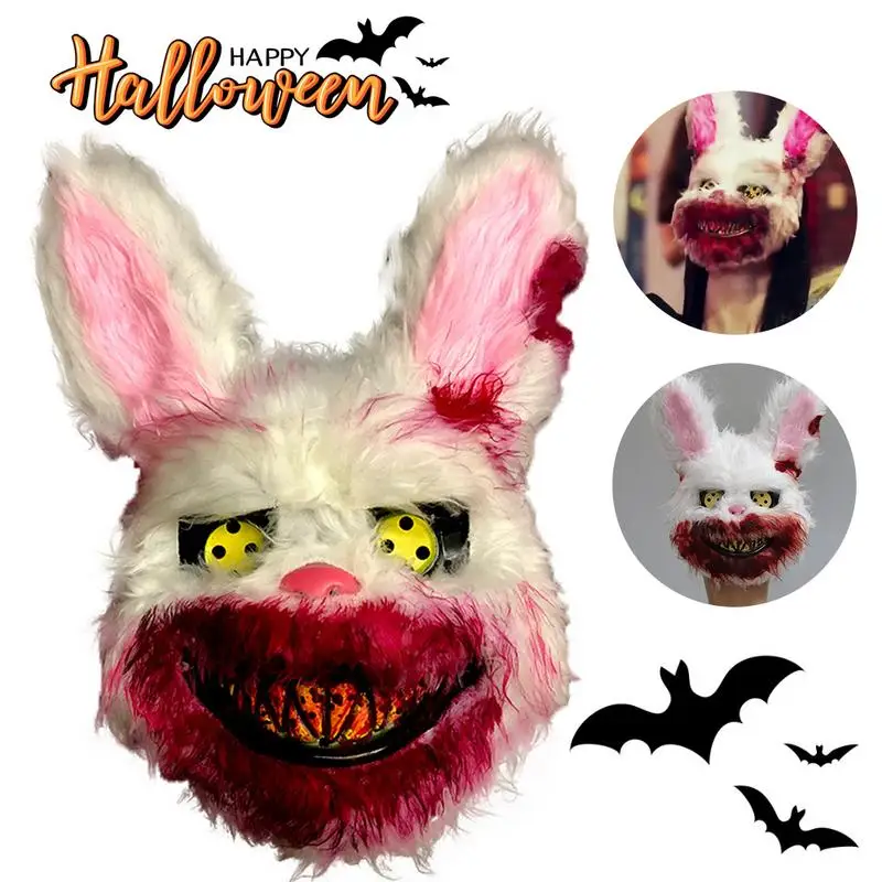 

Halloween Scary Mask Rabbit Bunny Mask Bloody Plush Animal Head Mask Durable Realistic Bloody Simulation Rabbit Headgear Gifts