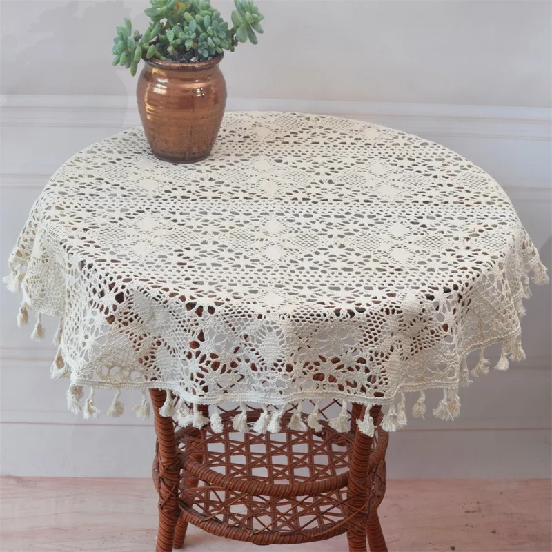 

Vintage Handmade Crochet Beige Table Cloth Towel Cover Placemat Dining Lace Cotton Square Tablecloth