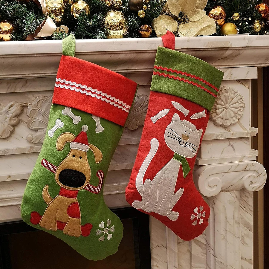 

40cm New Cat Stocking Socks Candy Bag Christmas Pattern Green Red Socks Hanging Decoration Stovepipe Kitten Girt for Kids