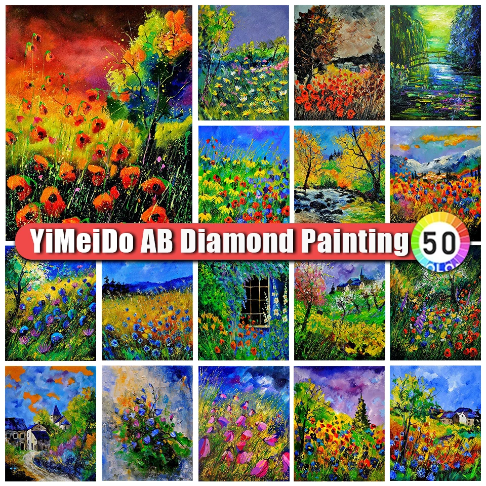 

YIMEIDO Handmade 5D DIY Zipper Bag Colorful Flowers AB Diamond Paintings Art Scenery House Diamonds Embroidery Home Decor Gift