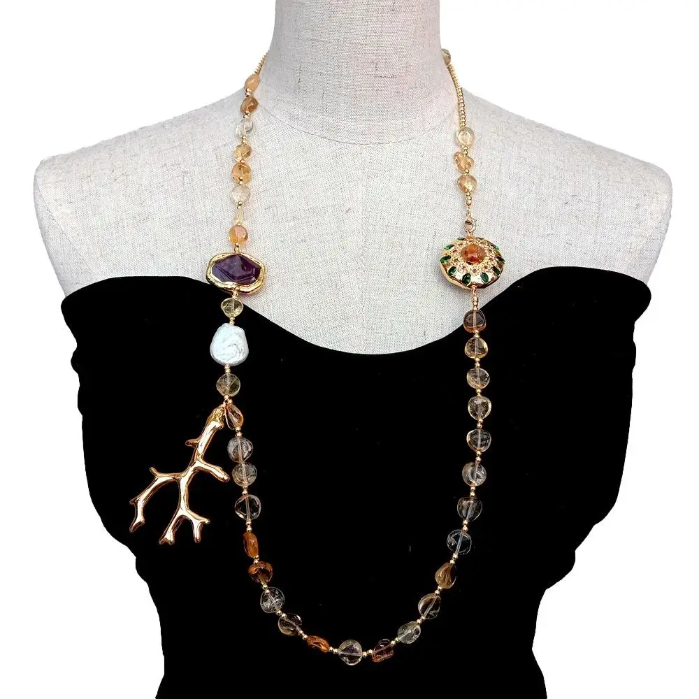 Длинное ожерелье с уникальным натуральным драгоценным камнем YYGEM 10 мм цитрин 22x28