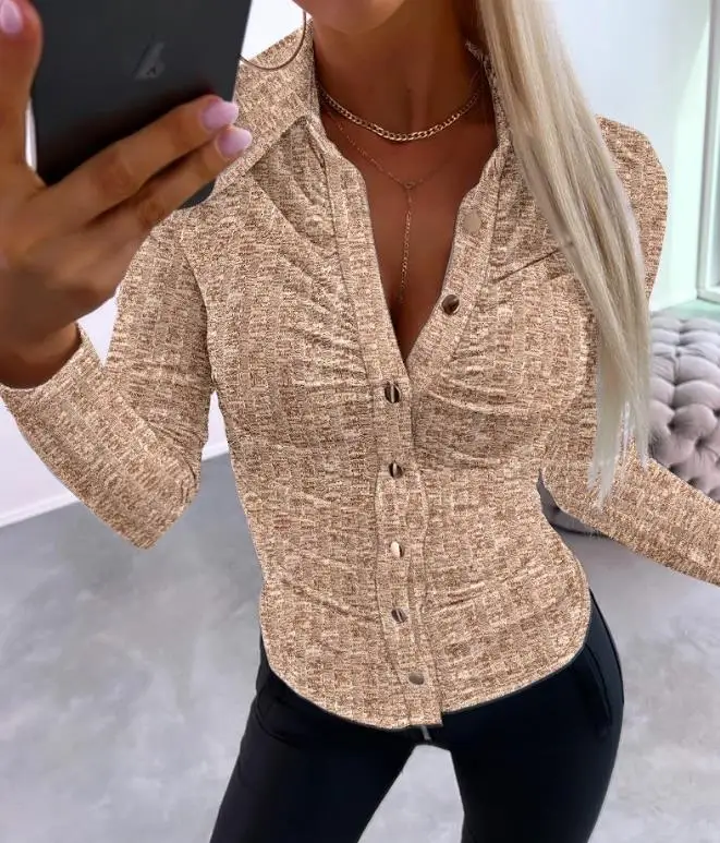 

Fashion Casual T-Shirts Pullover Female Clothing Long Sleeve Ruched Buttoned Ribbed Top 2023 Autumn Winter Spring Commuting