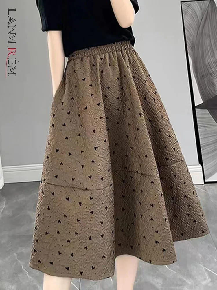 

LANMREM Heart Pattern Skirts For Women High Elastic Waist Loose Elegant Mid Length Skirt Pockets Female Stylish Clothing 2R8365