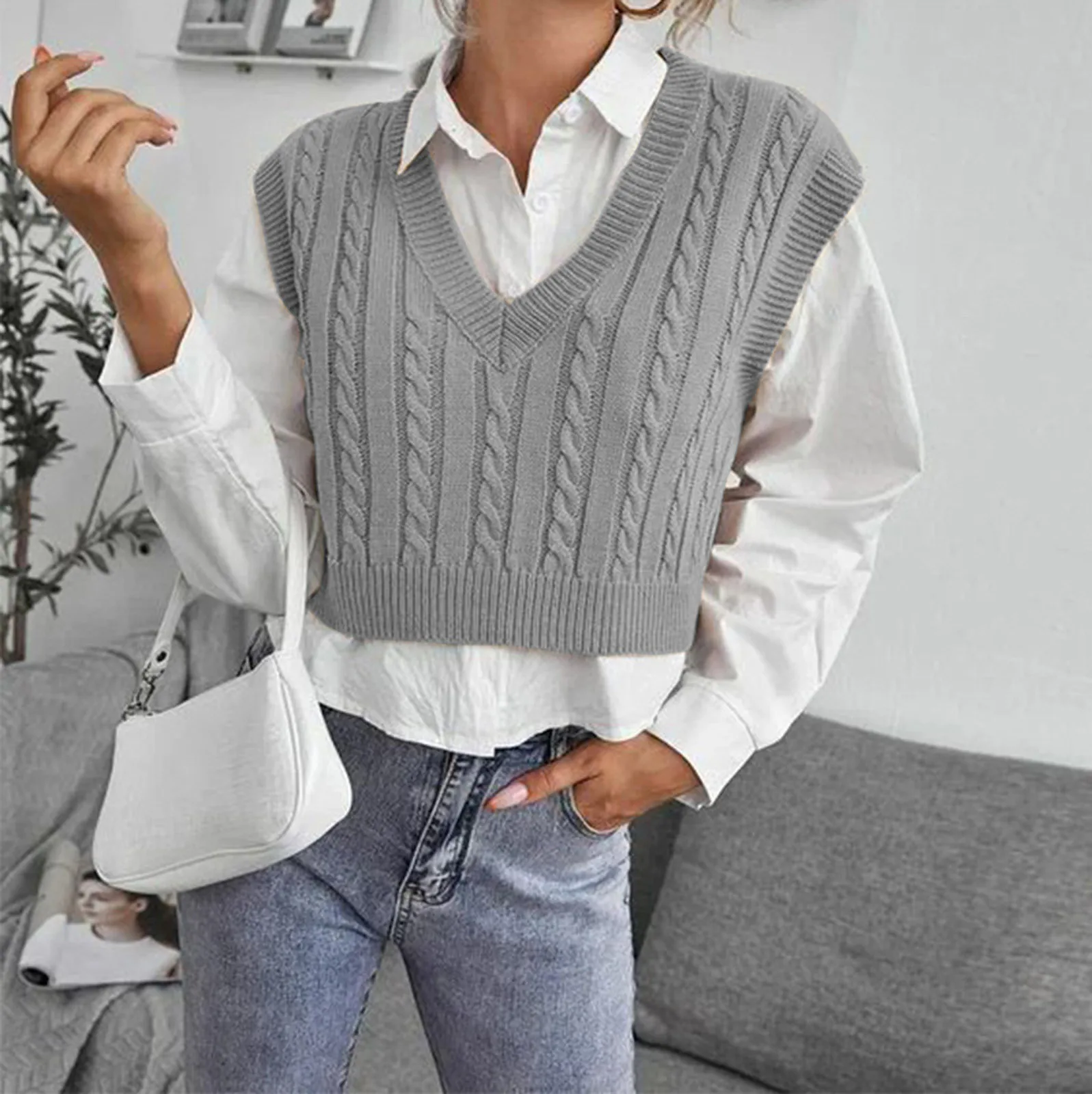 

Women's solid color V-neck sweater vest knitted sleeveless Checked sweater down Jacket