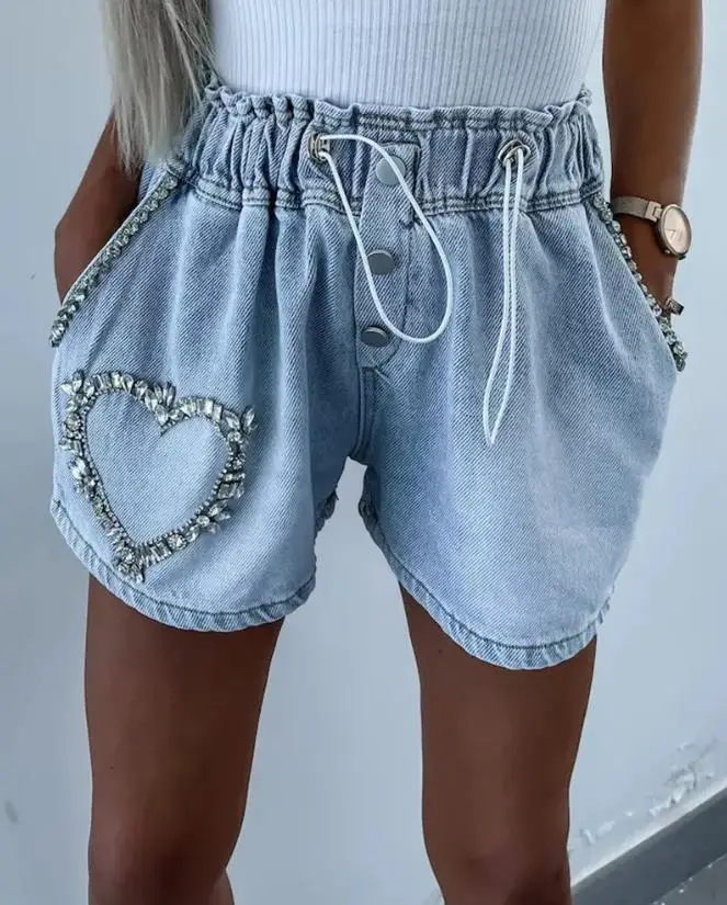 Women's Denim Shorts 2023 Summer Fashion Rhinestone Heart Pattern Drawstring Plain Casual Pocket Design Denim Shorts Streetwear