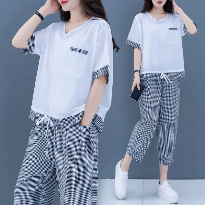

Women Cotton Linen Shirts and Pants New 2022 Summer Vintage Style Loose Comfortable Female Casual Suits 4XL Two Piece Sets E184