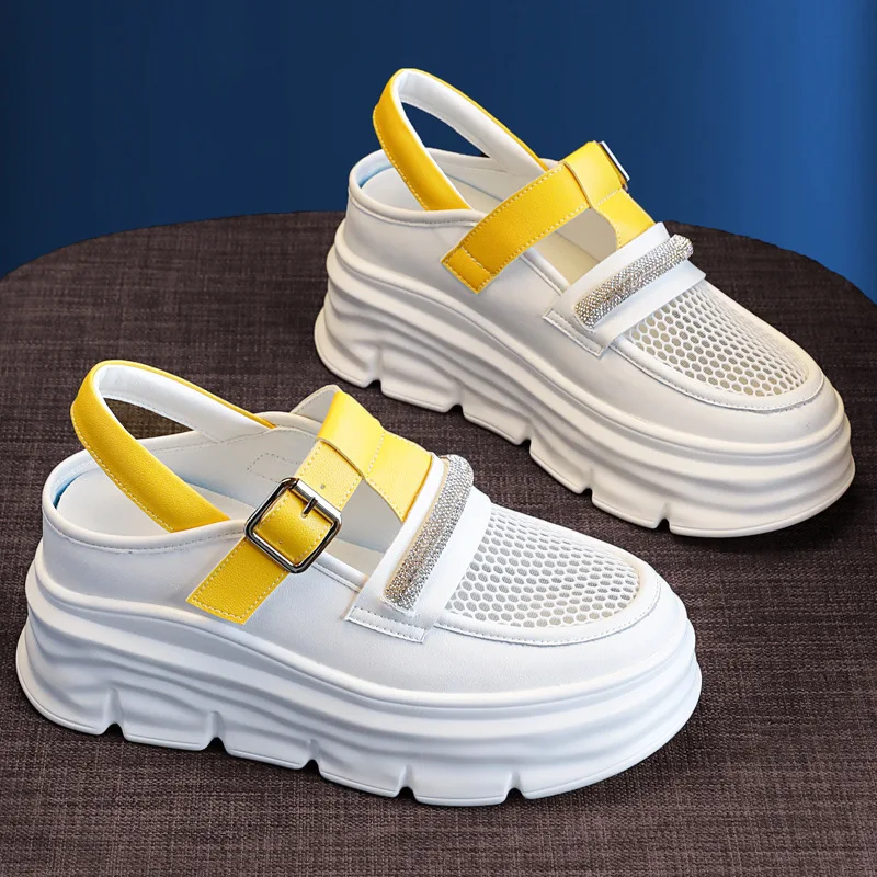 Rhinestones Mesh Hollow Women Sandals breathable Genuine Leather Comfy 2023 Summer Fashion Platform Wedge Chunky Ladies Shoes