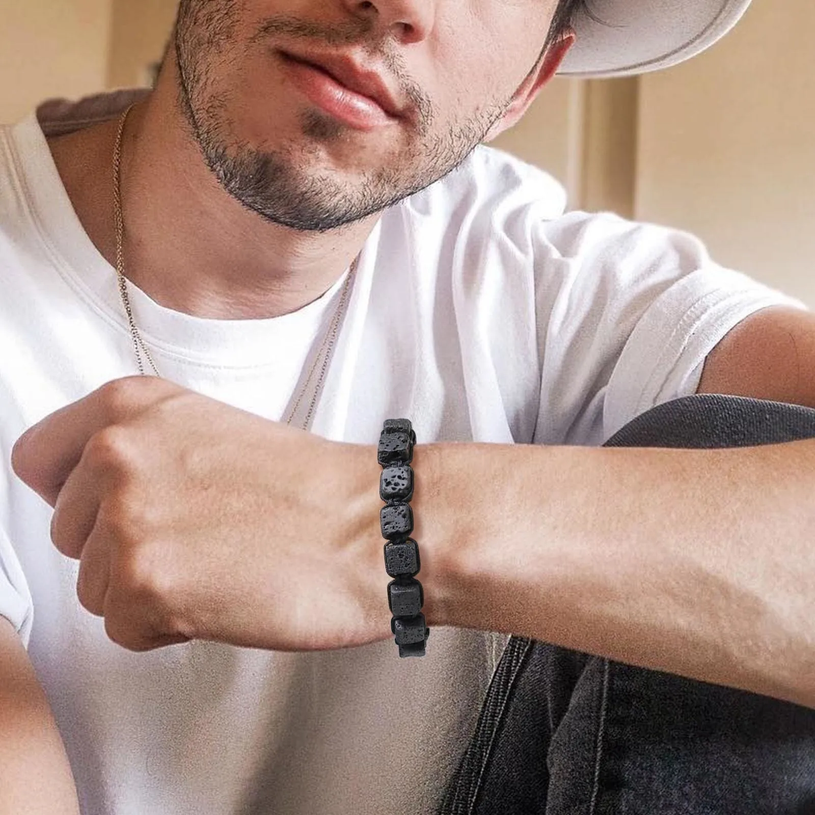 

Black Energy Power Natural Lava Stone Bracelets for Men,Casual Handmade 8mm Geometric Square Beads Braided Wristband Gift