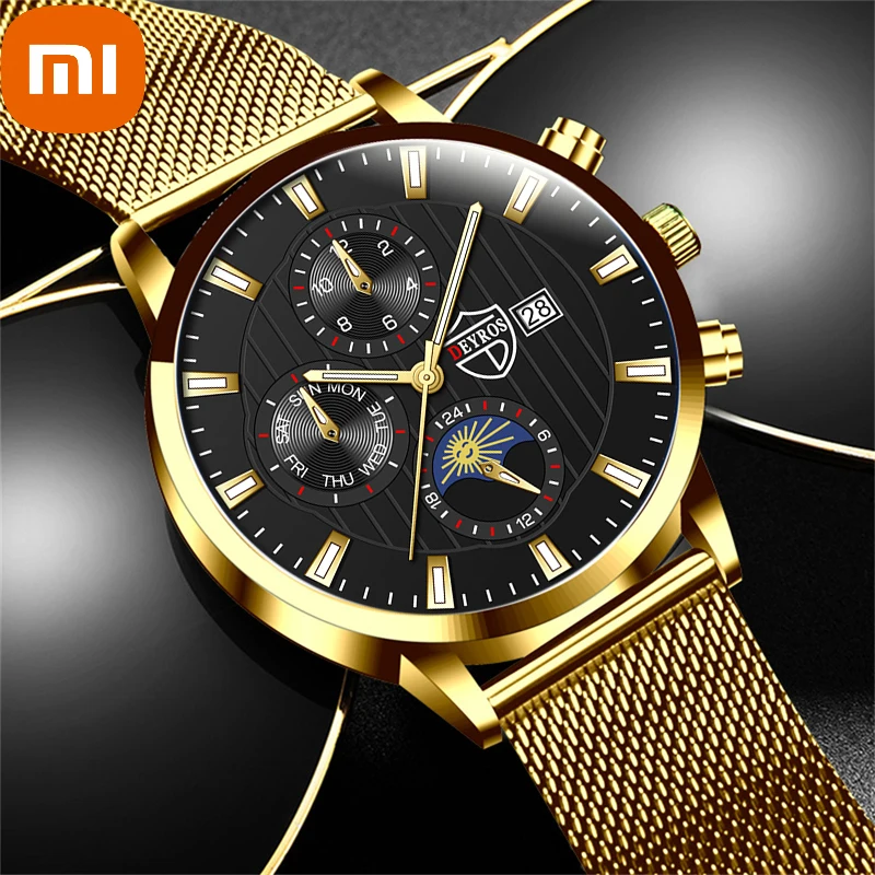 

XIAOMI Mens Watches Luxury Stainless Steel Mesh Belt Quartz Watch Men Business Calendar Date Leather Clock relogio masculino