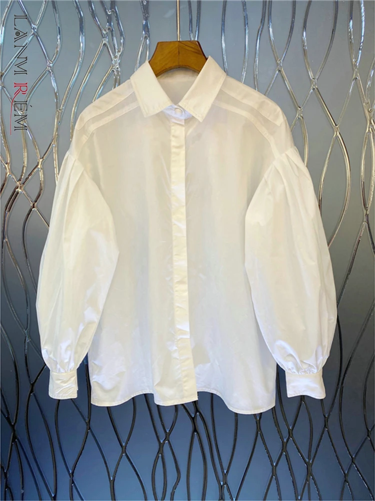 

LANMREM White Bubbles Sleeves Shirts For Women Single Breasted Lapel Tops 2022 Summer Female Fashion Office Lady Top 2R1947