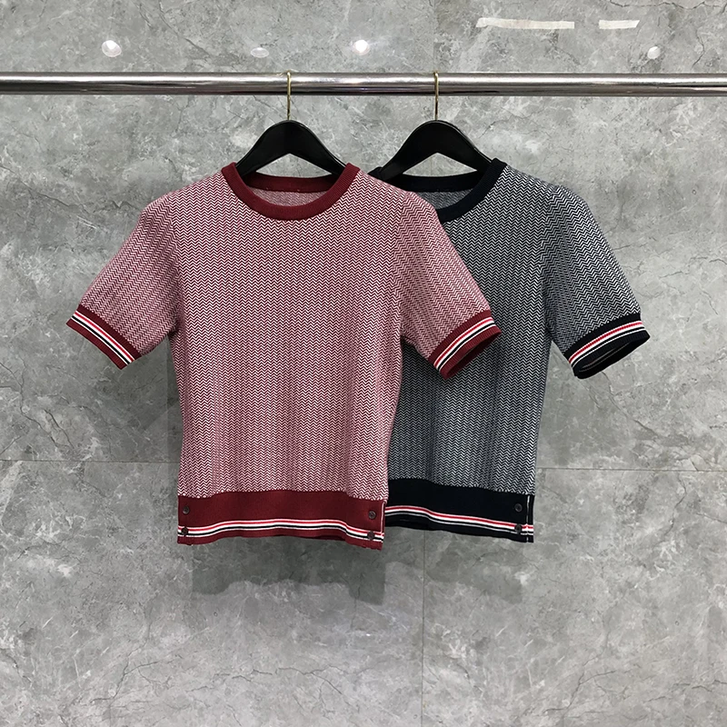 

TB THOM Knitted T-shirts For Women O-Neck Short Sleeves Summer Tees Ladys Striped Wool Cotton Tops Girls Basic Clothes Female