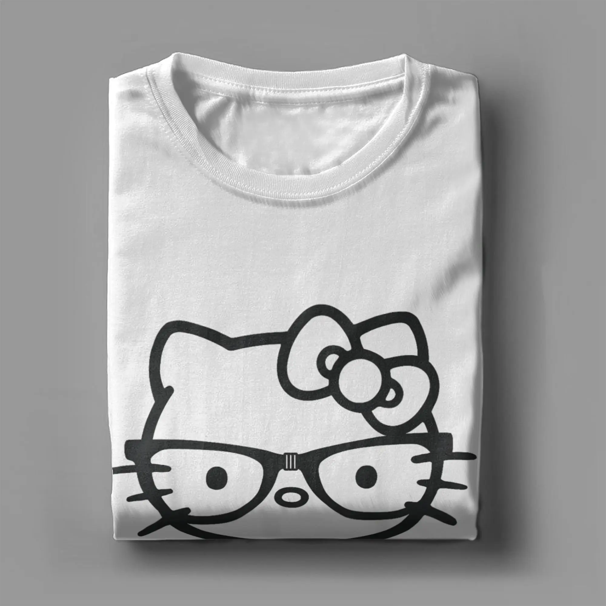 Черно-белая футболка с очками Nerd принтом Hello Kitty мужская одежда круглым вырезом и