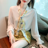 2022 spring new white shirt temperament solid color ribbon chic long sleeved shirt ladies blouse womens fashion tops mujer
