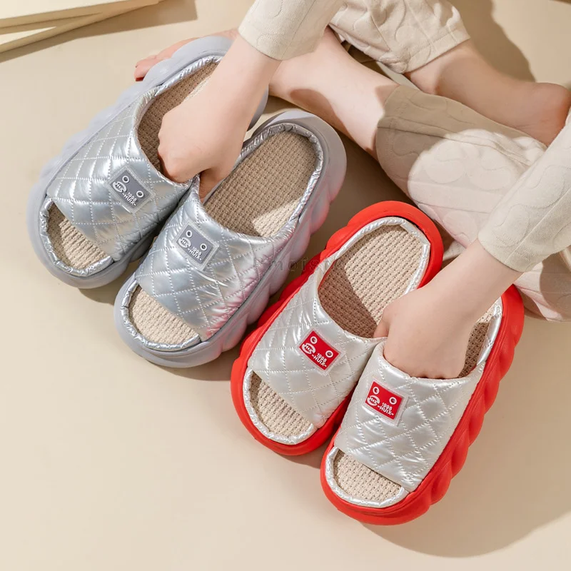 Down Cloth Upper Women's House Slippers Casual Open Toe Indoor Slippers Female EVA Non-Slip Thick Sole Shoes for Woman Slippers