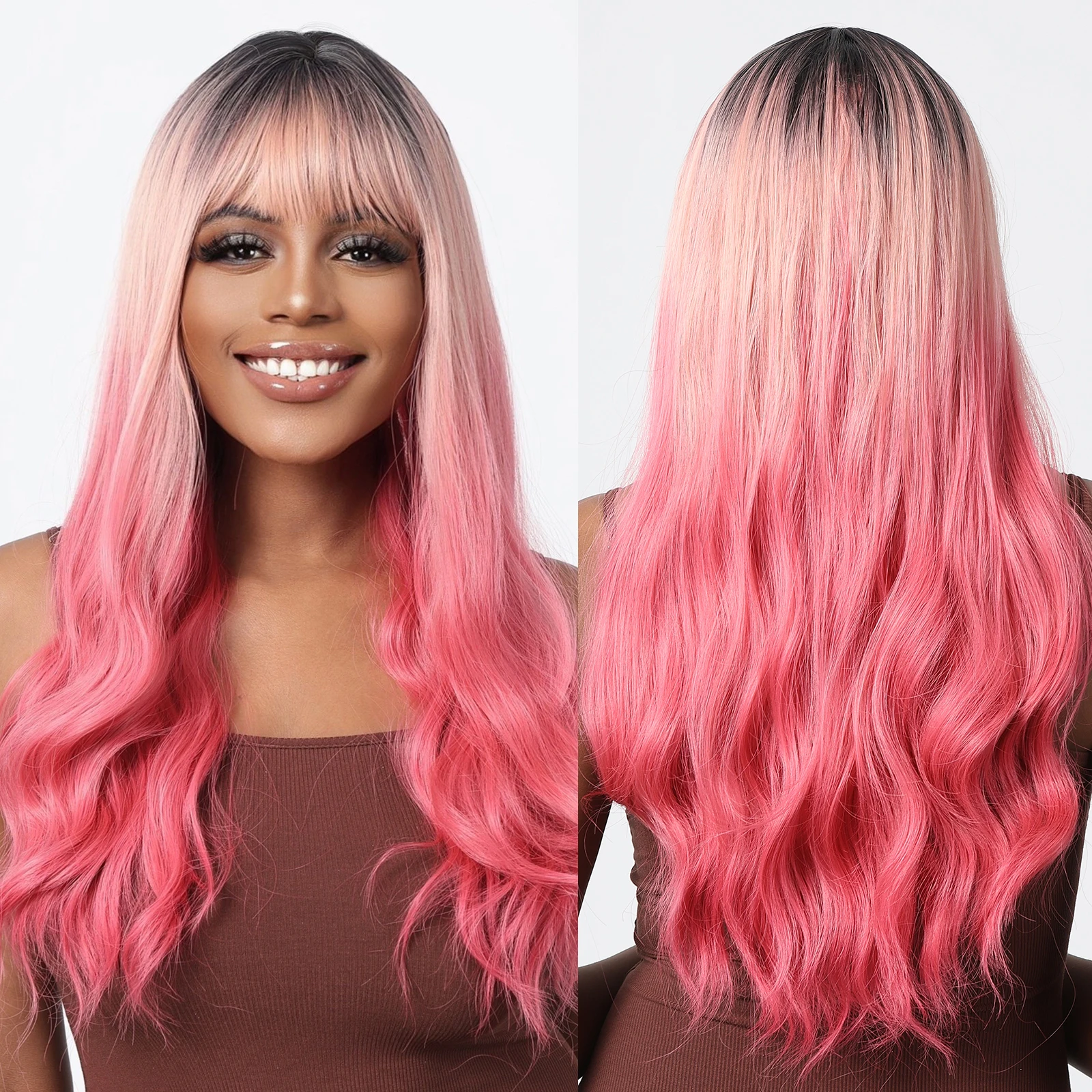 

Black to Pink Ombre Synthetic Hair Wigs for Women Afro Long Wavy Dark Root Cosplay Wig Party Halloween Wig Heat Resistant Fiber