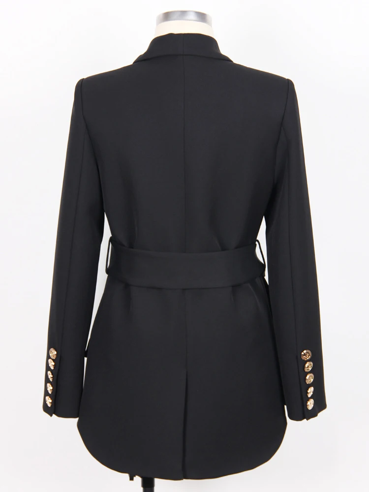 Elegant Lace Up Long Blazers for Women Jacket Coat Autumn Winter Double Breasted Party Office Outerwear Black White Tops