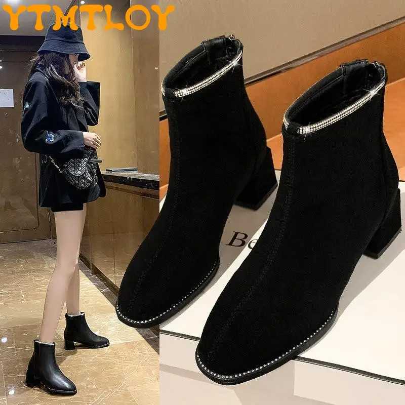 

Winter Women's Short Boots 2021 New Short Tube Martin Boots British Style Wild Fashion Mid-heel Zipper Plus Velvet Fashion Boots