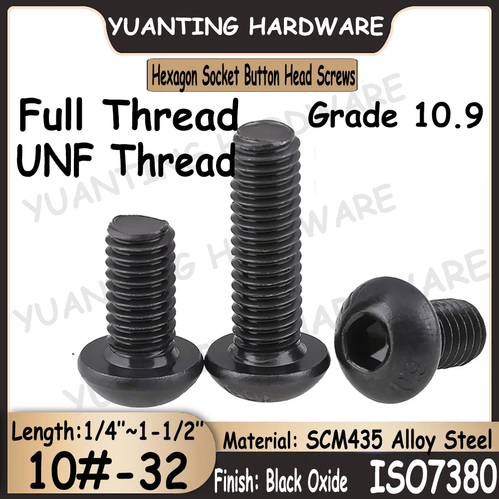 

10Pcs 10#-32 UNF Thread ISO7380 Grade 10.9 Alloy Steel Black Hexagon Socket Button Head Screws Bolts with Full Thread