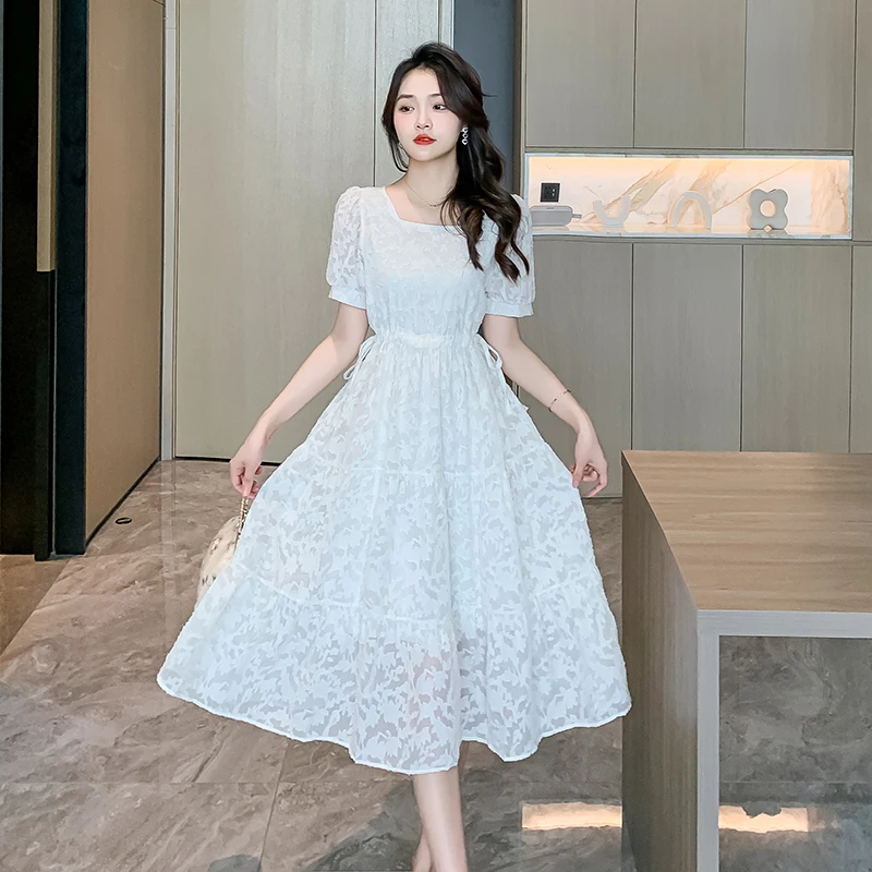

Korean Sweet Casual Midi Dresses 2023 Summer New Square Collar Short Sleeves Loose Women Clothes Temperament Thin Ladies Dresses